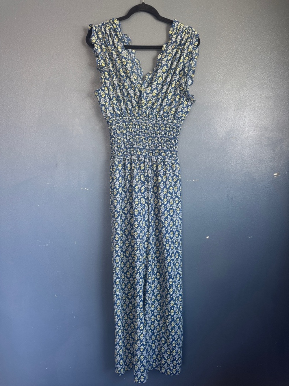 Max Studio Blue Floral Smocked-Waist Jumpsuit